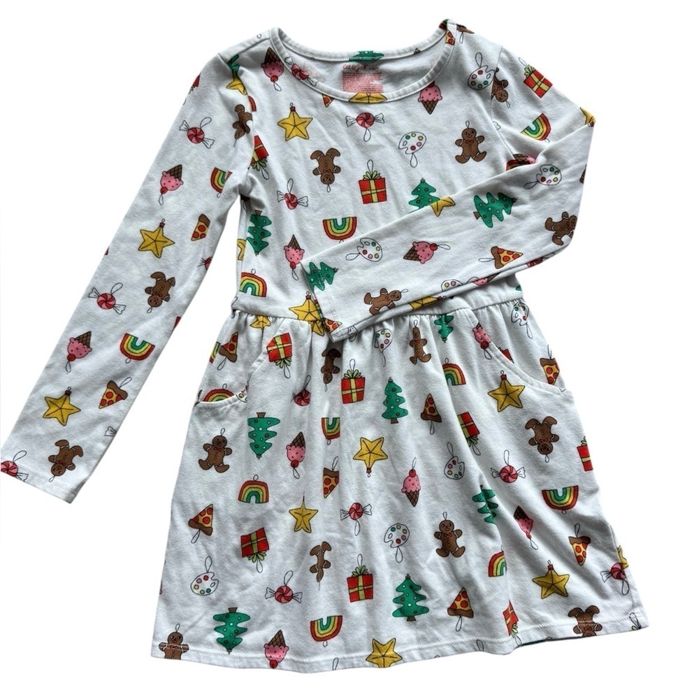 Cat & Jack Girls Holiday Print Long Sleeve Dress – Size Small (6/7)